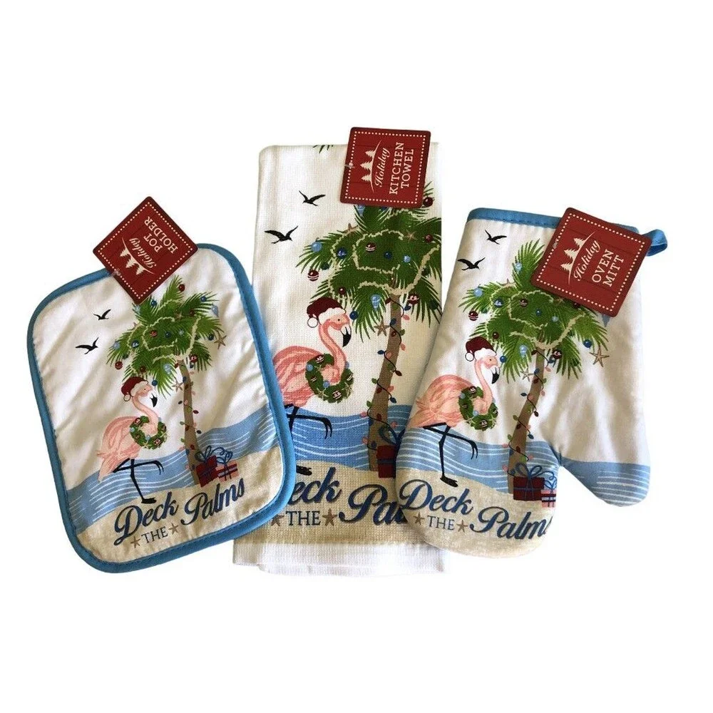 Flamingo Christmas Dish Towel Potholder Oven Mitt Tropical Beach Palms Set of 3